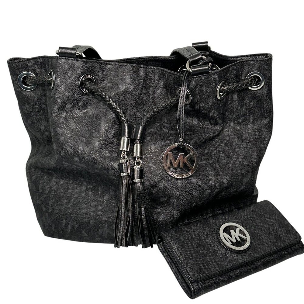Michael Kors Jet Set Gathered Tote Bag Black Signature with Fulton Flap Wallet
